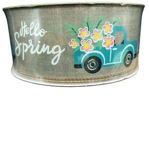 Member's Mark Wired Ribbon 2.5" Wide Hello‎ Spring Blue Truck Flower on Burlap